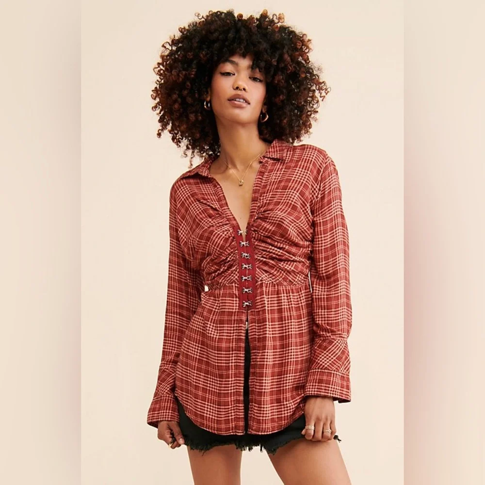 Free People We The Free Catalynn Cinched Plaid Blouse NWT Gingham Size XSmall